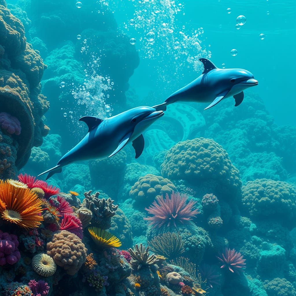 Blue Dolphins in Coral Reef: Digital Matte Painting