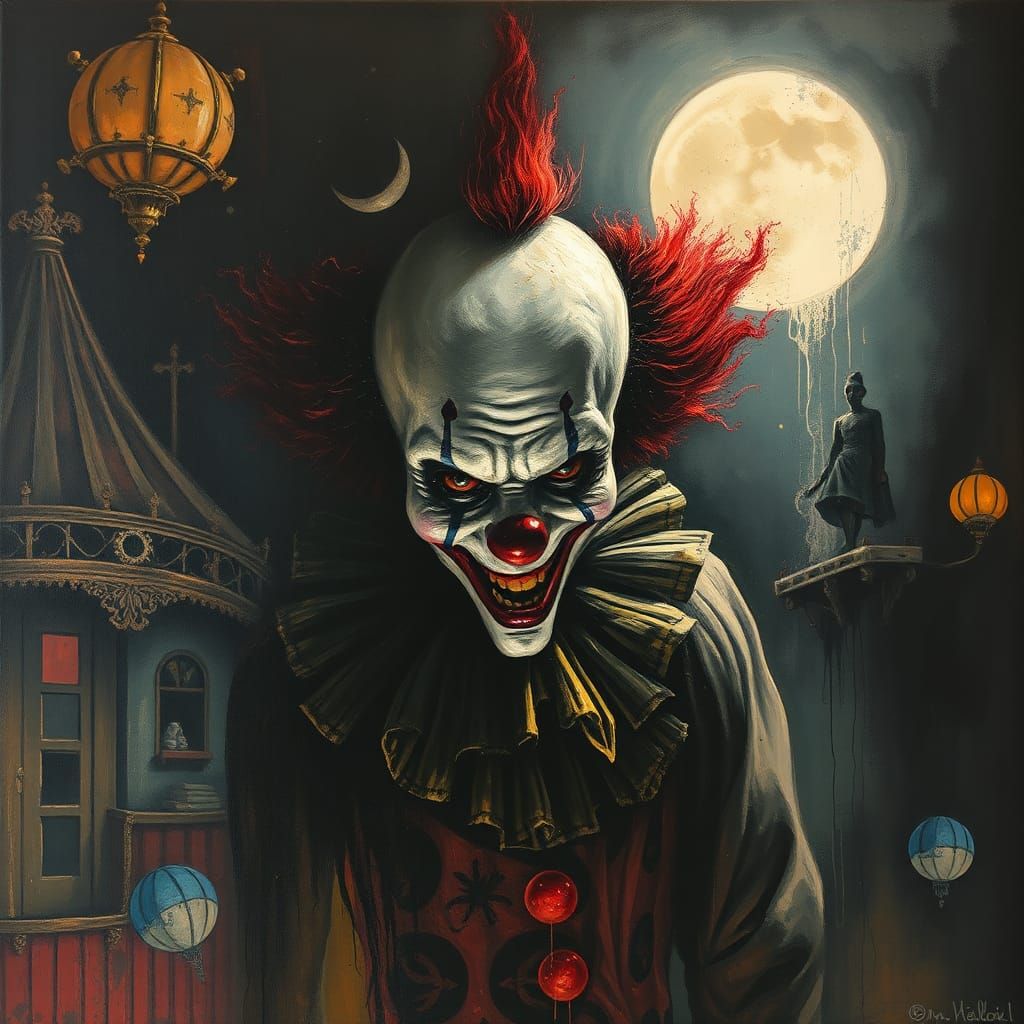 Creepy Clown in Surreal Circus: Post-Impressionist Style