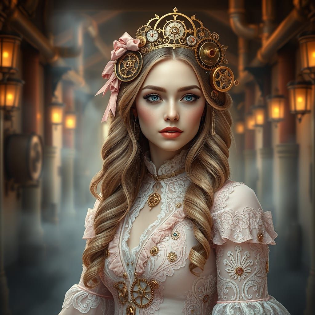Steampunk Woman in Lavish Pastel Gown with Intricate Gears a...