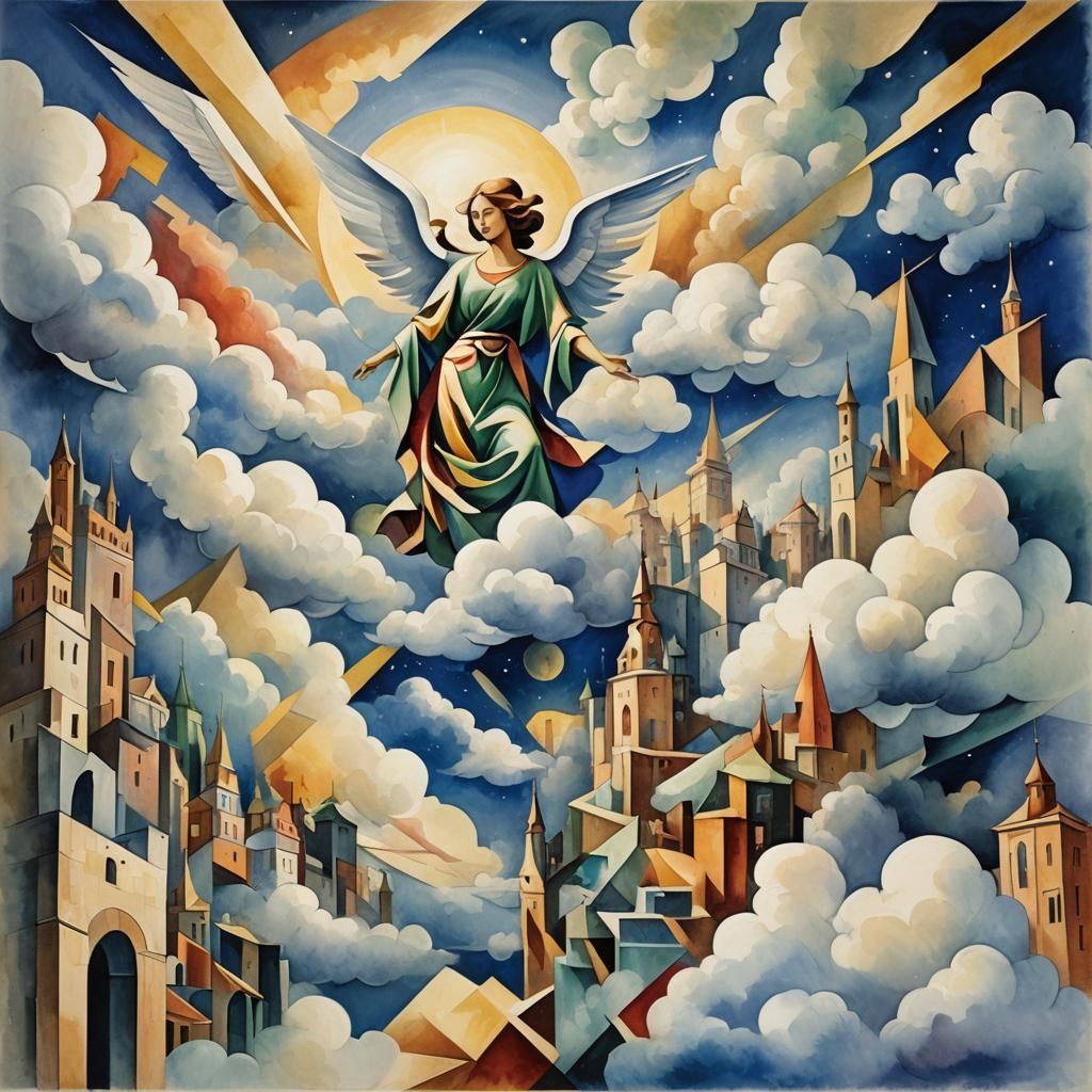 Ethereal Realm of Clouds in Watercolor Abstract Style