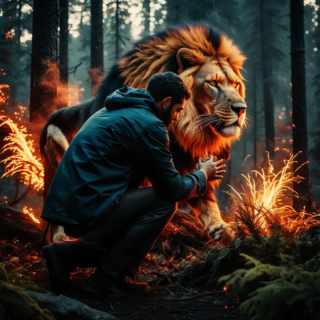 Fiery Lion Appears Before Forest Hermit