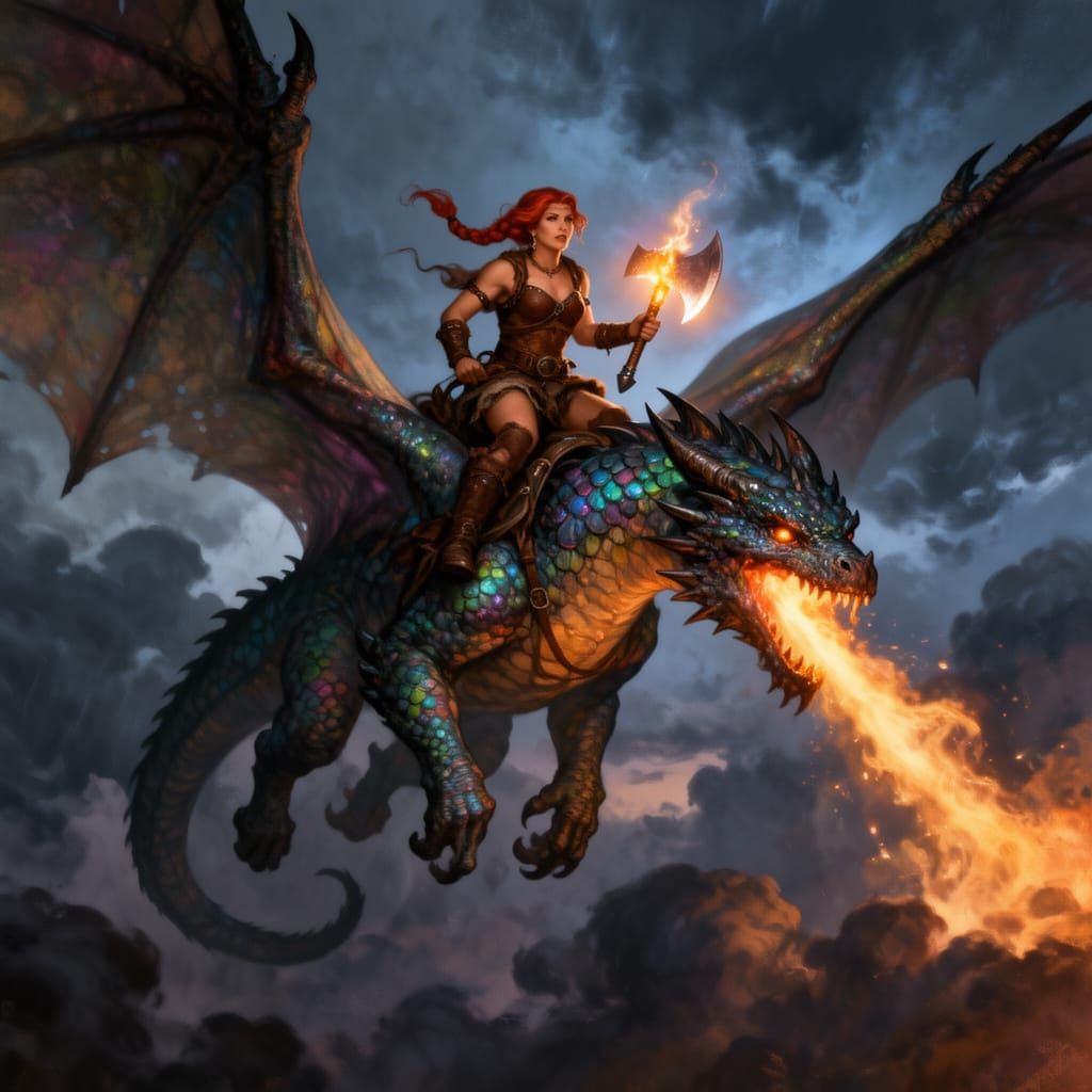 Viking Woman Riding a Fire-Breathing Dragon