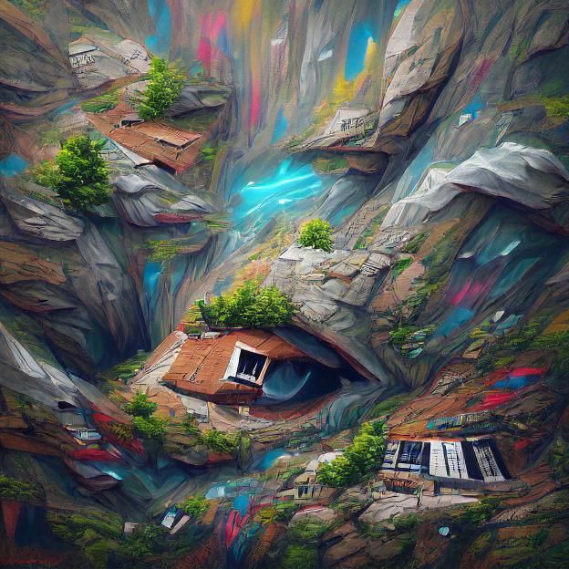 Secret Spy Hideout in Mountain, Artstation Painting