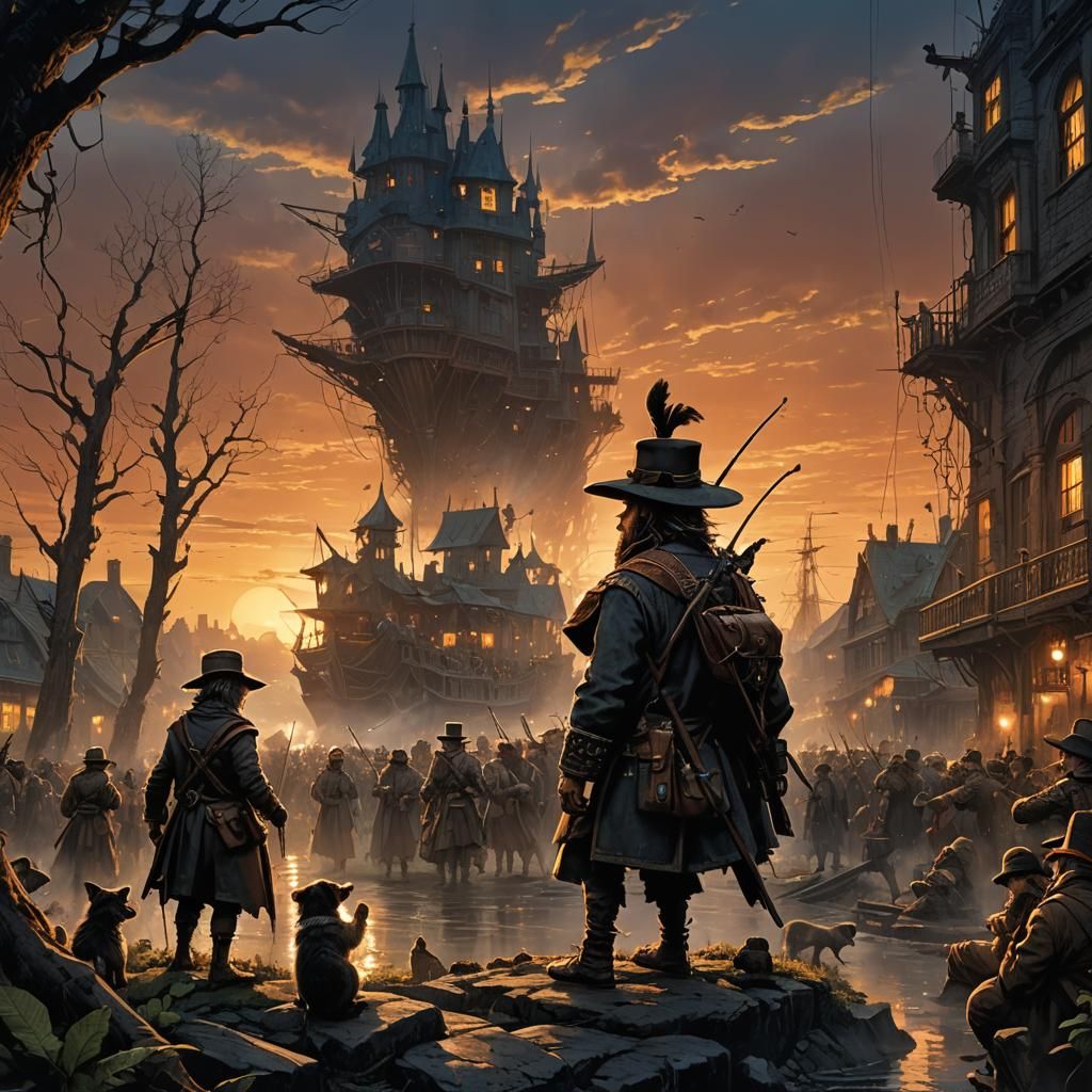 Sunset Musical Scene in Detailed Matte Painting Style