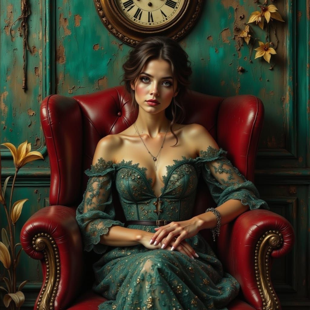 Woman in Lace Dress in Red Armchair