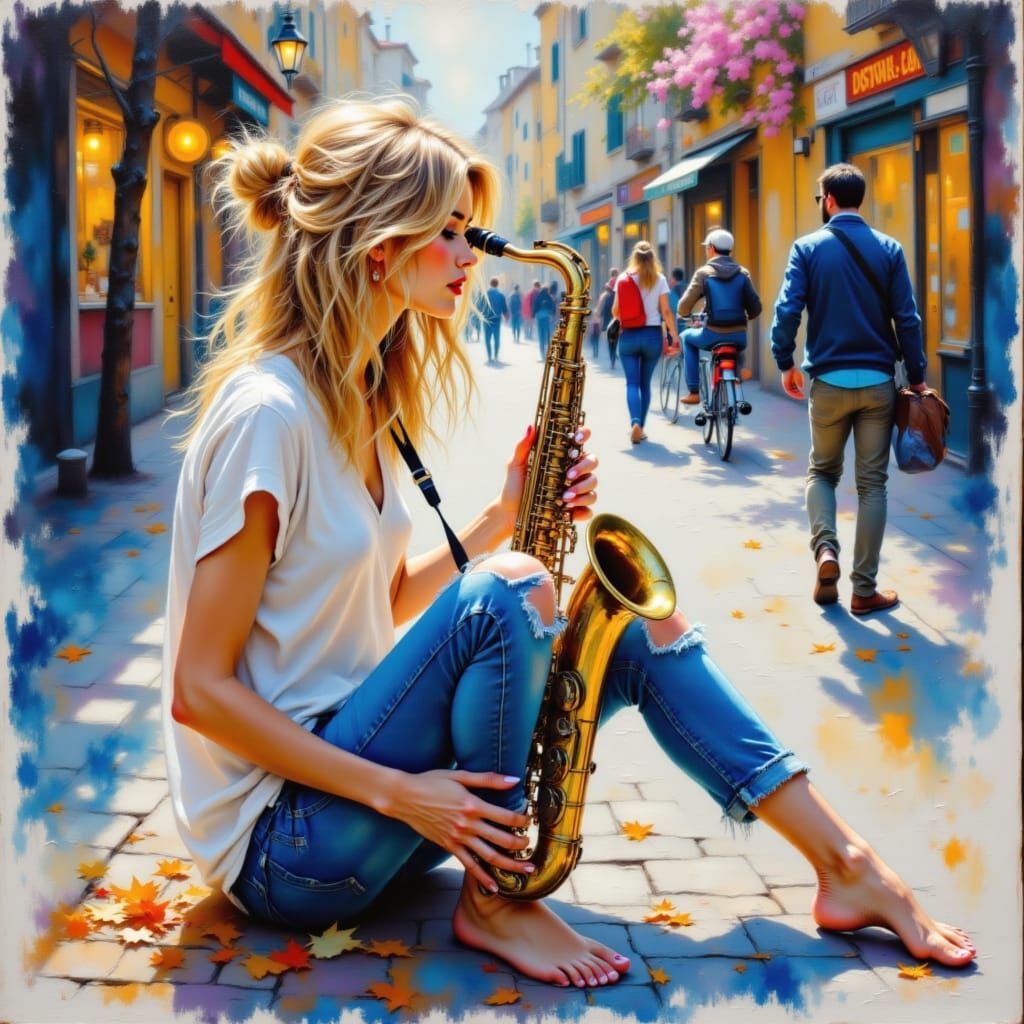 Expressive Painting of Woman Playing Saxophone on City Stree...