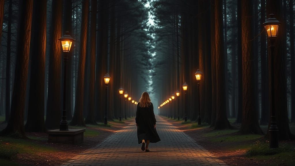 Eerie Forest Path with Gas Lamps in Cinematic HDR Style