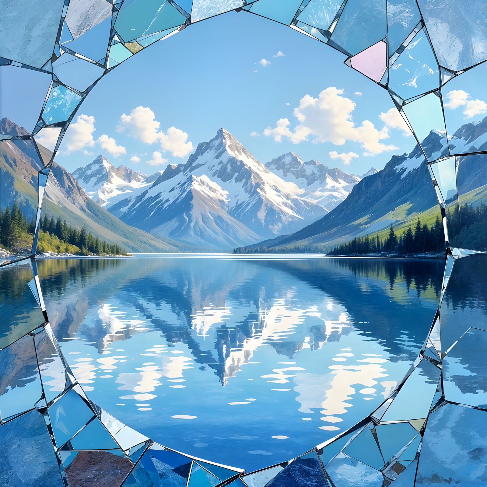 Shattered Mirror Reflecting Mountain Lake in Impressionistic...