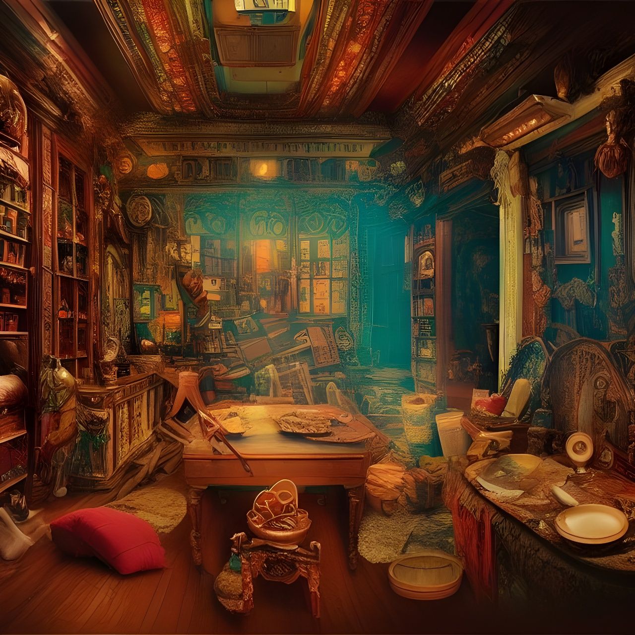 Inside a run down Magician's storage intricate hyperdetailed colorfull matte painting filmic masterpiece