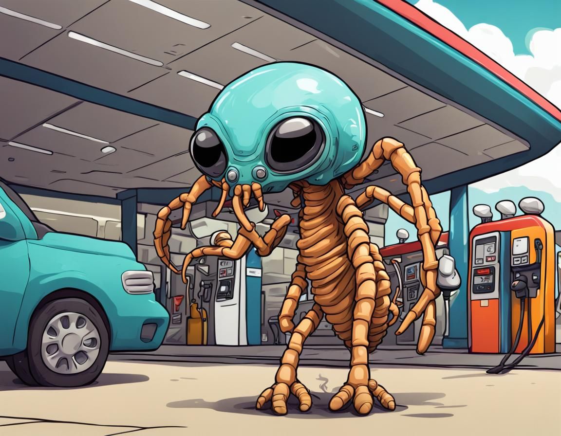 Playful Cartoon Face Hugger at Gas Station