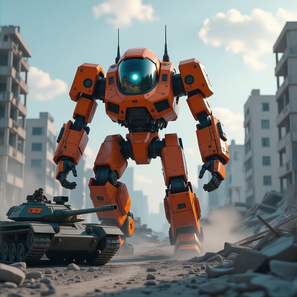 Giant Orange Combat Robot in Destroyed City