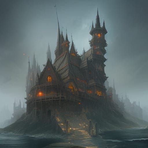 Detailed Medieval Castle with Flags and Sun Rays