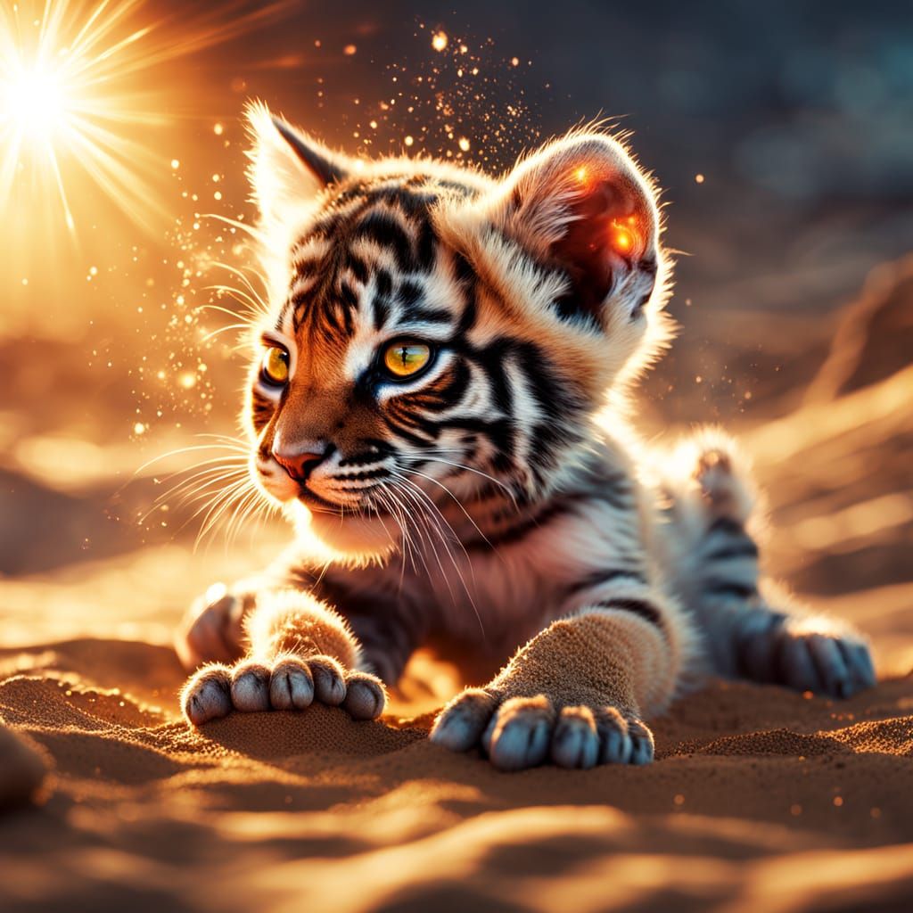 Claw Restraining Tiger Kitten in Magical Sunset