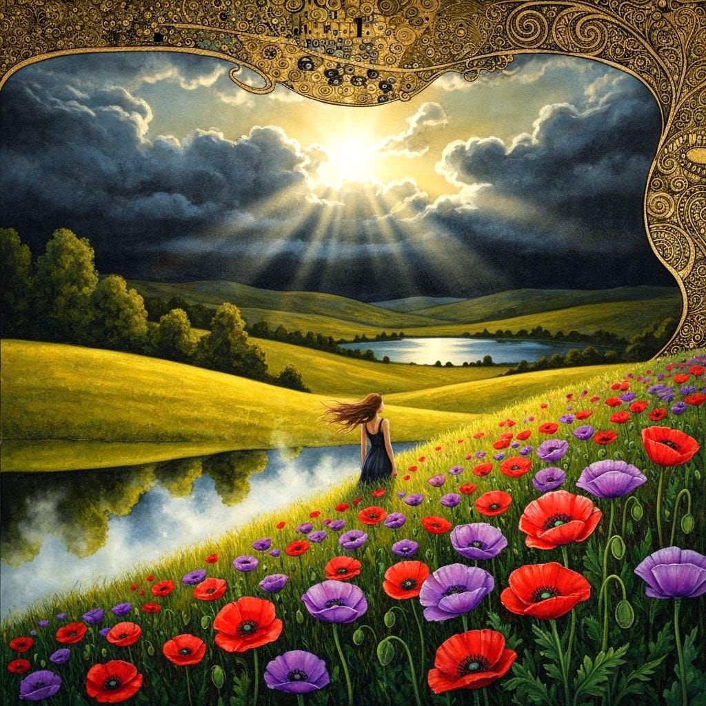 Fantasy Landscape with Woman and Poppies, Klimt Inspired