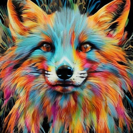 Multicolor Chibi Fox Portrait in Inkblot Art Style