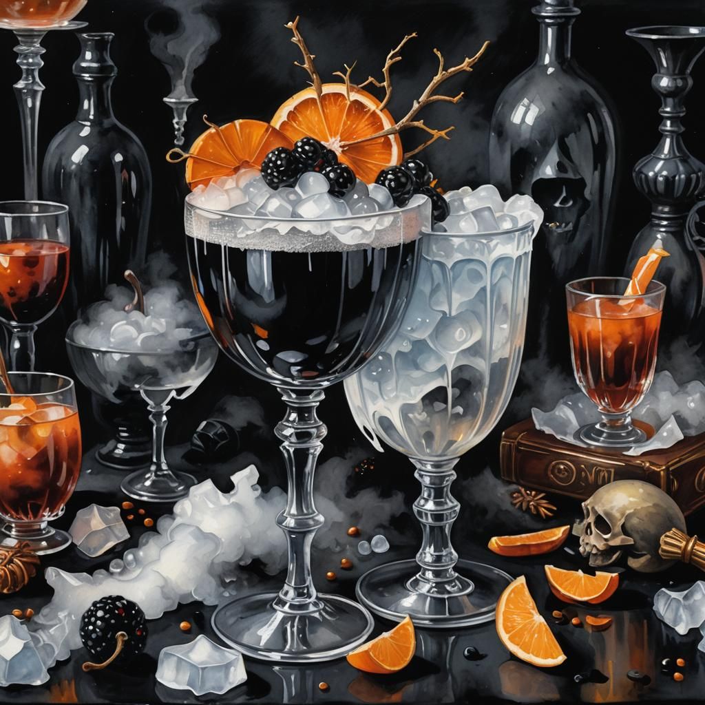 Halloween Cocktail in Gouache Style Watercolor
