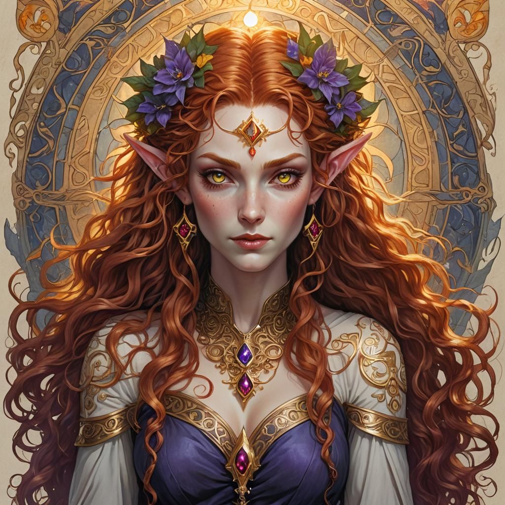 Redhead Elf Mage with Golden Eyes and Sun Tattoo