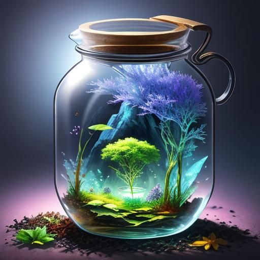 Tea World Inside Crystal Jar: A Fantasy Scene