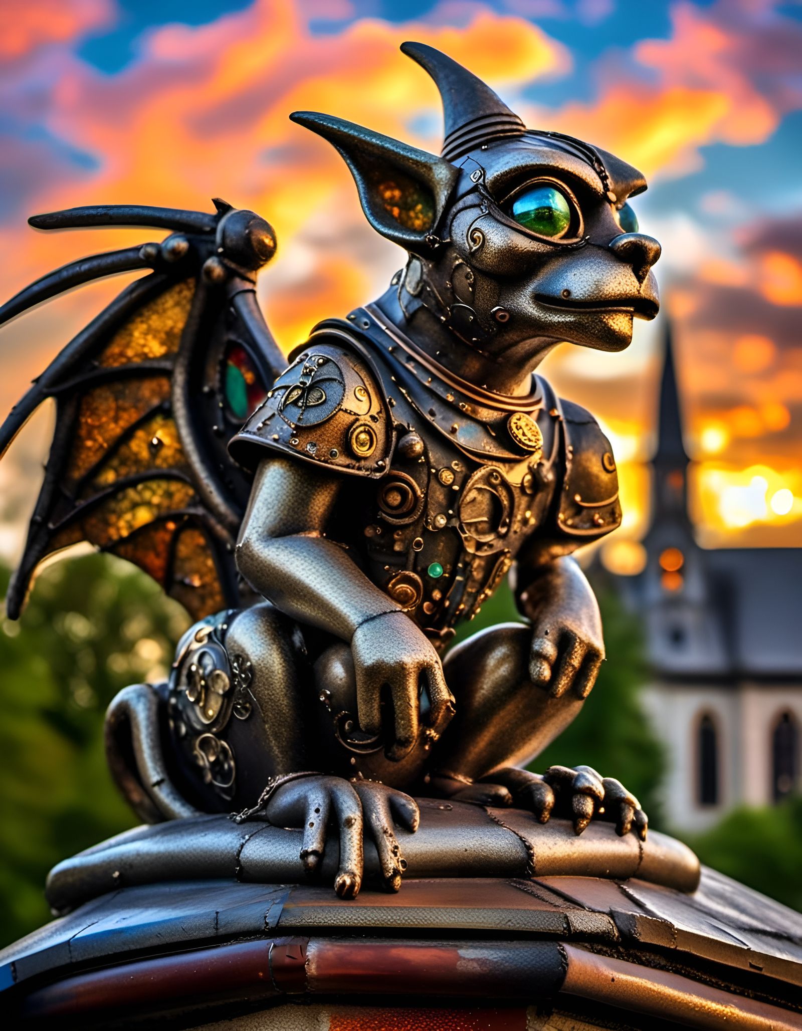 Steampunk Gargoyle Sculpture Guarding a Church
