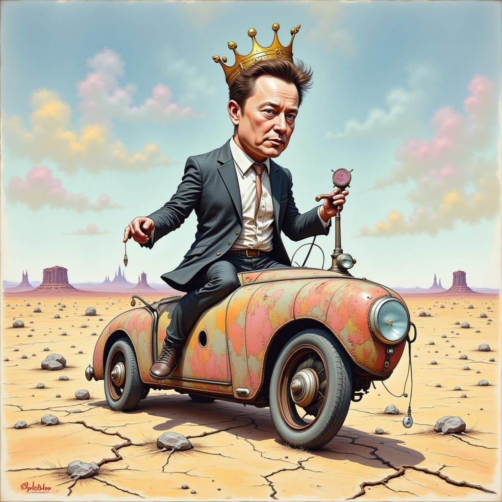 Comically Arrogant Elon Musk in a Surreal Desert Landscape
