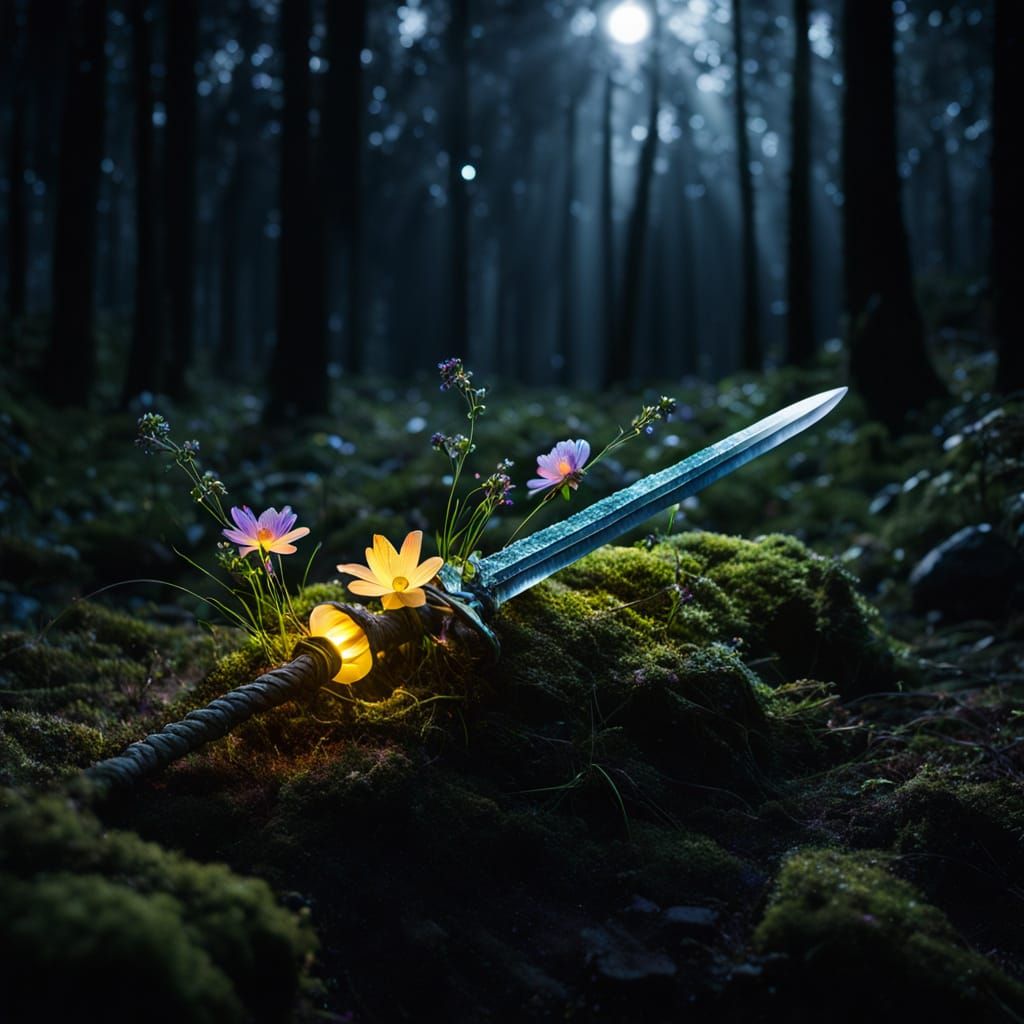 Mystical Moonlit Forest Scene with Glowing Stone and Sword