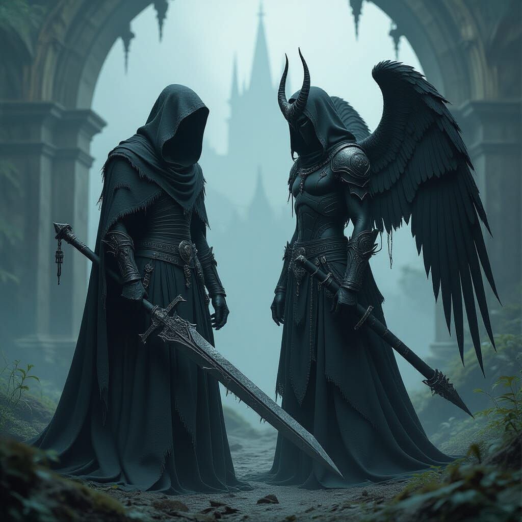 Undead Warrior and Archangel Michael in Gothic Realm