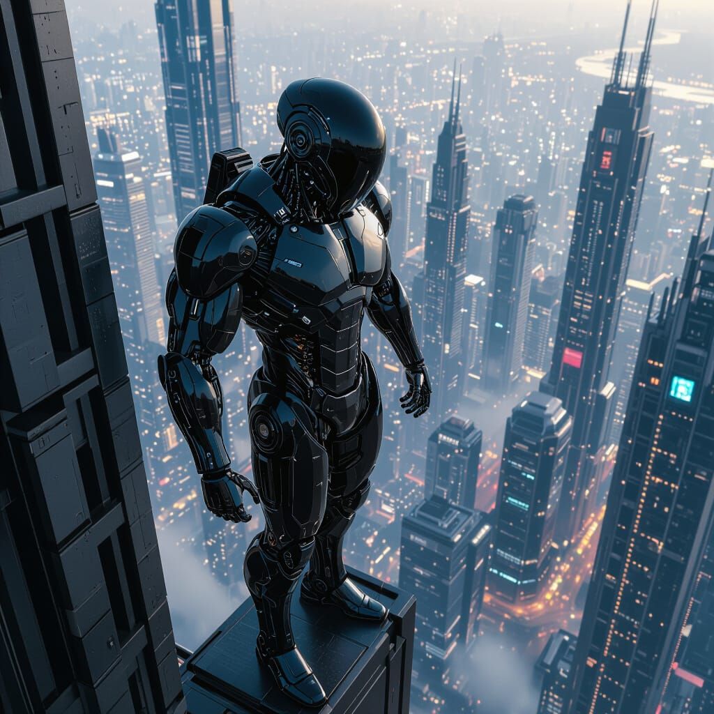 Tactical Cyborg Overlooking Futuristic Cityscape in Cyberpun...