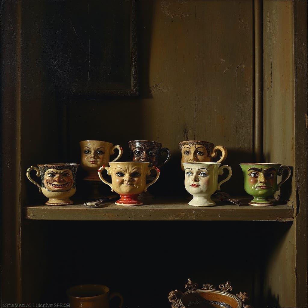 Antique Teacups With Faces on a Dusty Shelf