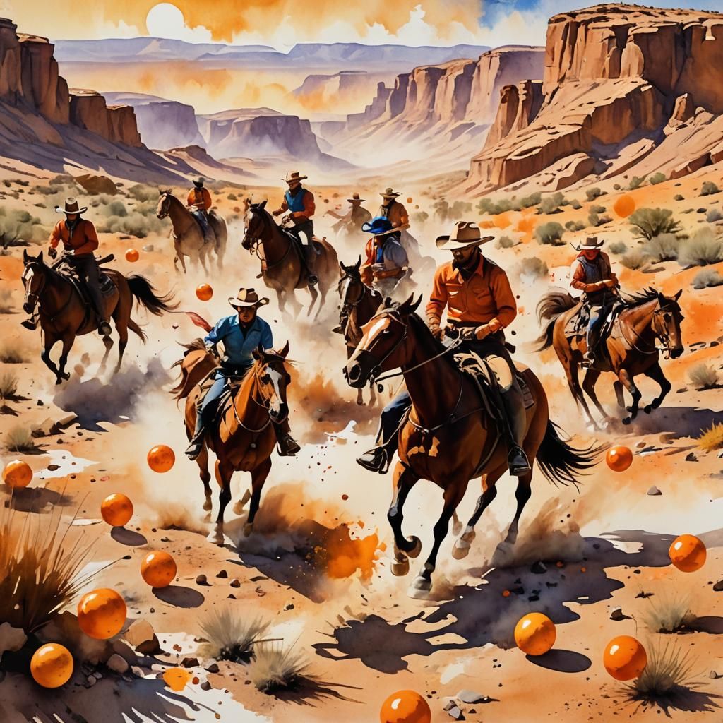 Cowboys Herding Nerf Balls in Watercolor Landscape