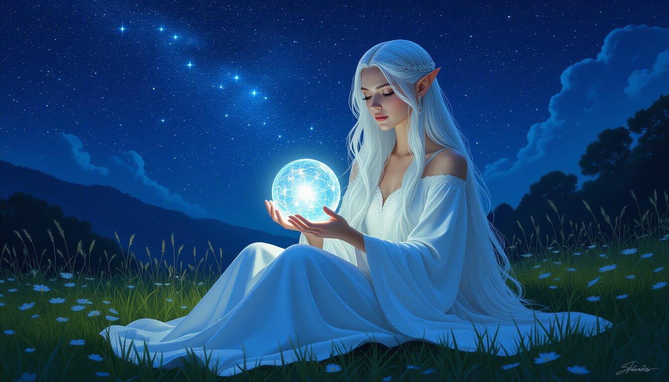 Elven Woman in Starry Meadow: Dark Romanticism