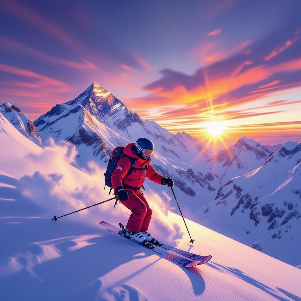 Trump Skis Mount Everest at Sunrise in Hyperrealistic Style