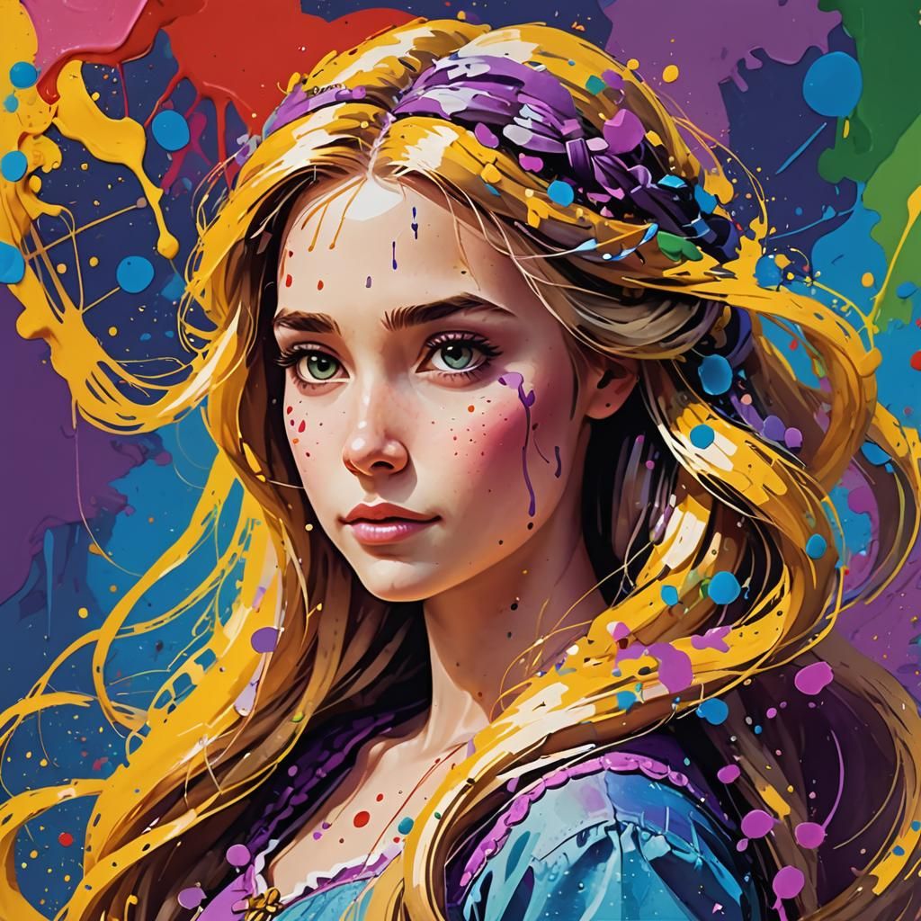 Rapunzel Portrait in Vivid Color Splatter Concept Art