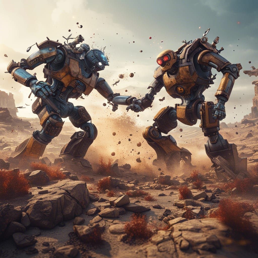 Robots Clash in Barren Wasteland: Fantasy Concept Art