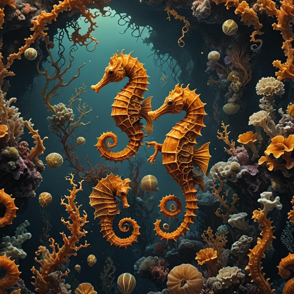 Orange Seahorse in the Deep Sea