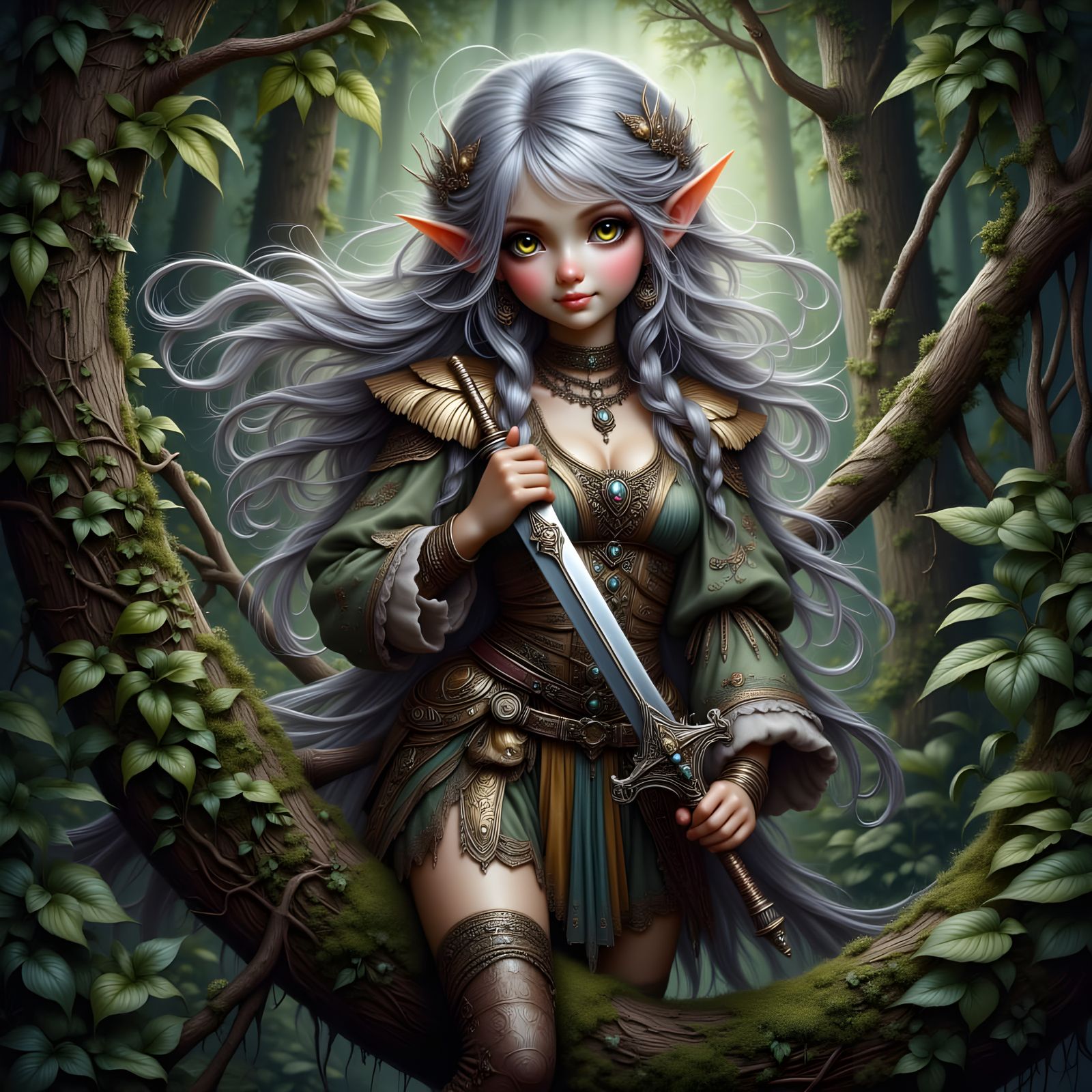 Fierce Elven Warrior in Mystical Forest with Sword