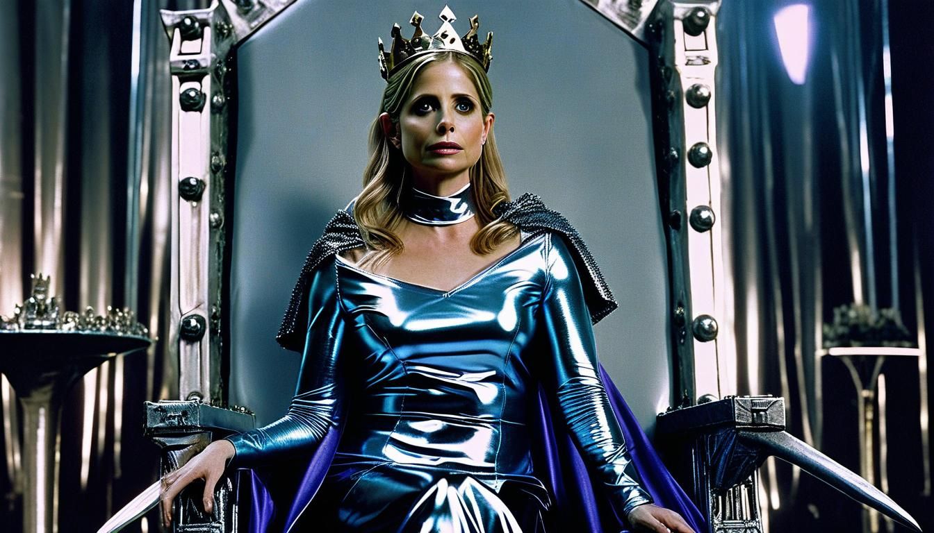 Woman in Latex on Throne: Cinematic Film Still