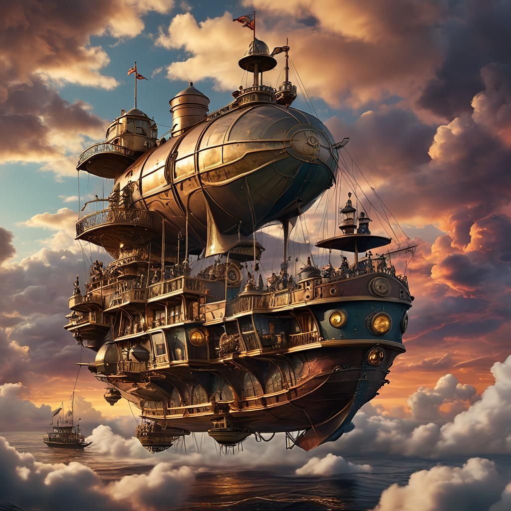 Steampunk Airship 'Clockwork Sky Voyager' at Sunset