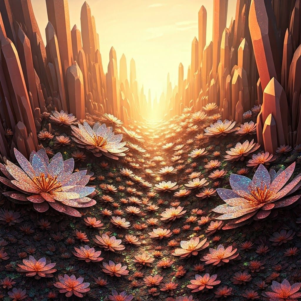 Shimmering Valley with Glitter Flowers in Dreamlike Light