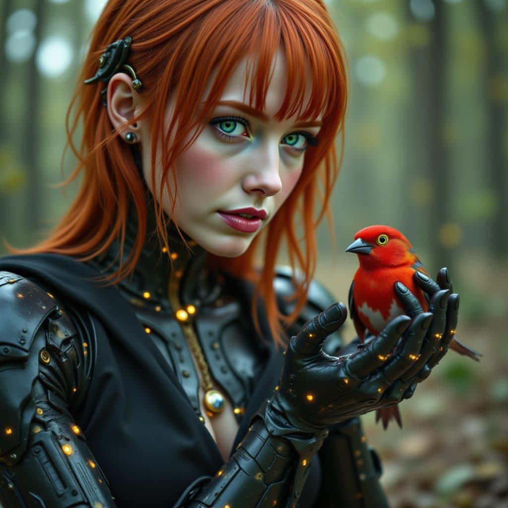 Cyborg Ginger Tends to Red Bird in Digital Matte Painting