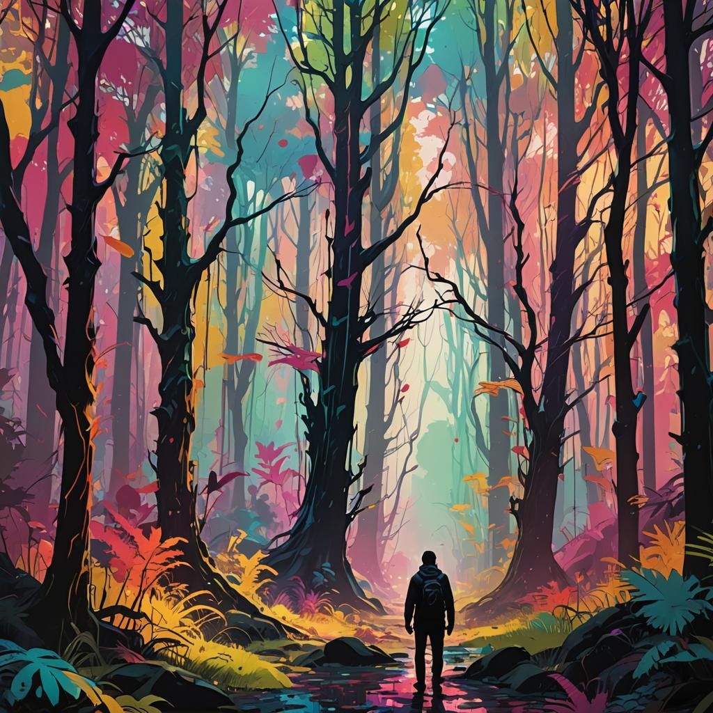 Drip-Painted Forest Silhouette in 8K Resolution
