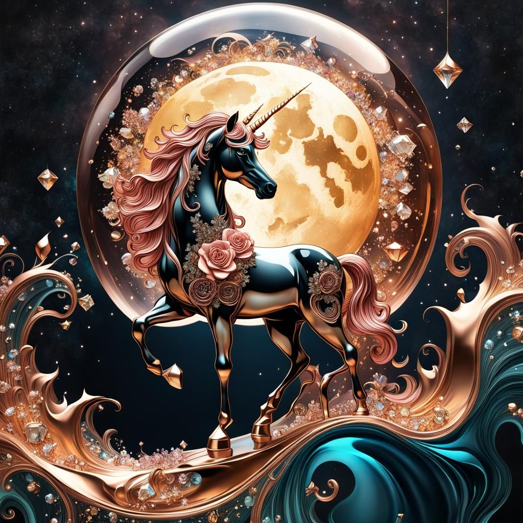 "rose gold liquid alcohol ink, dripping gold, macro, fantasy  glass celestial single Unicorn,  with a moon scene, crysta...