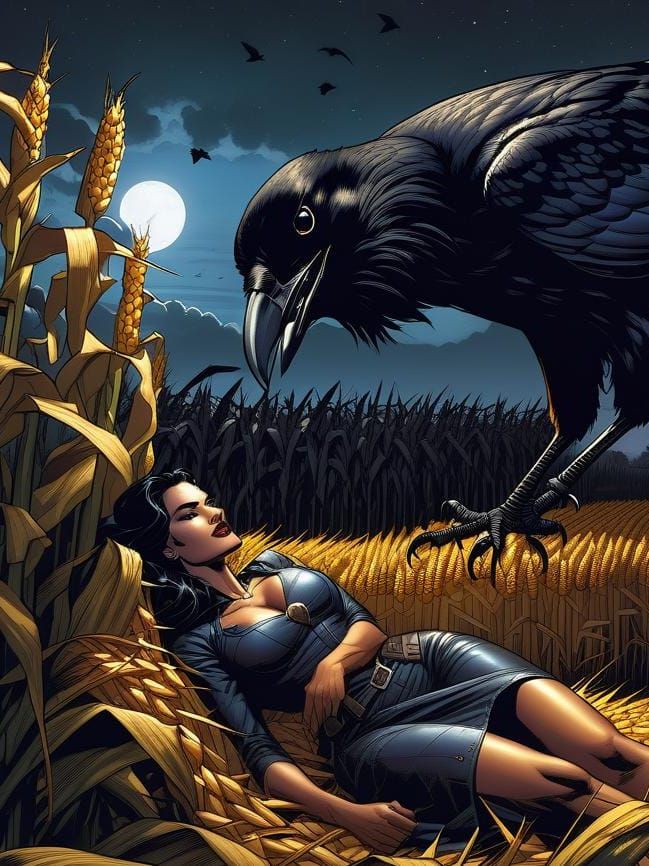 Farm Girl and Giant Crow in Comic Book Art