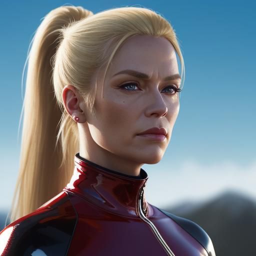 Blonde Woman in Red Latex Dress, Hyper-Realistic