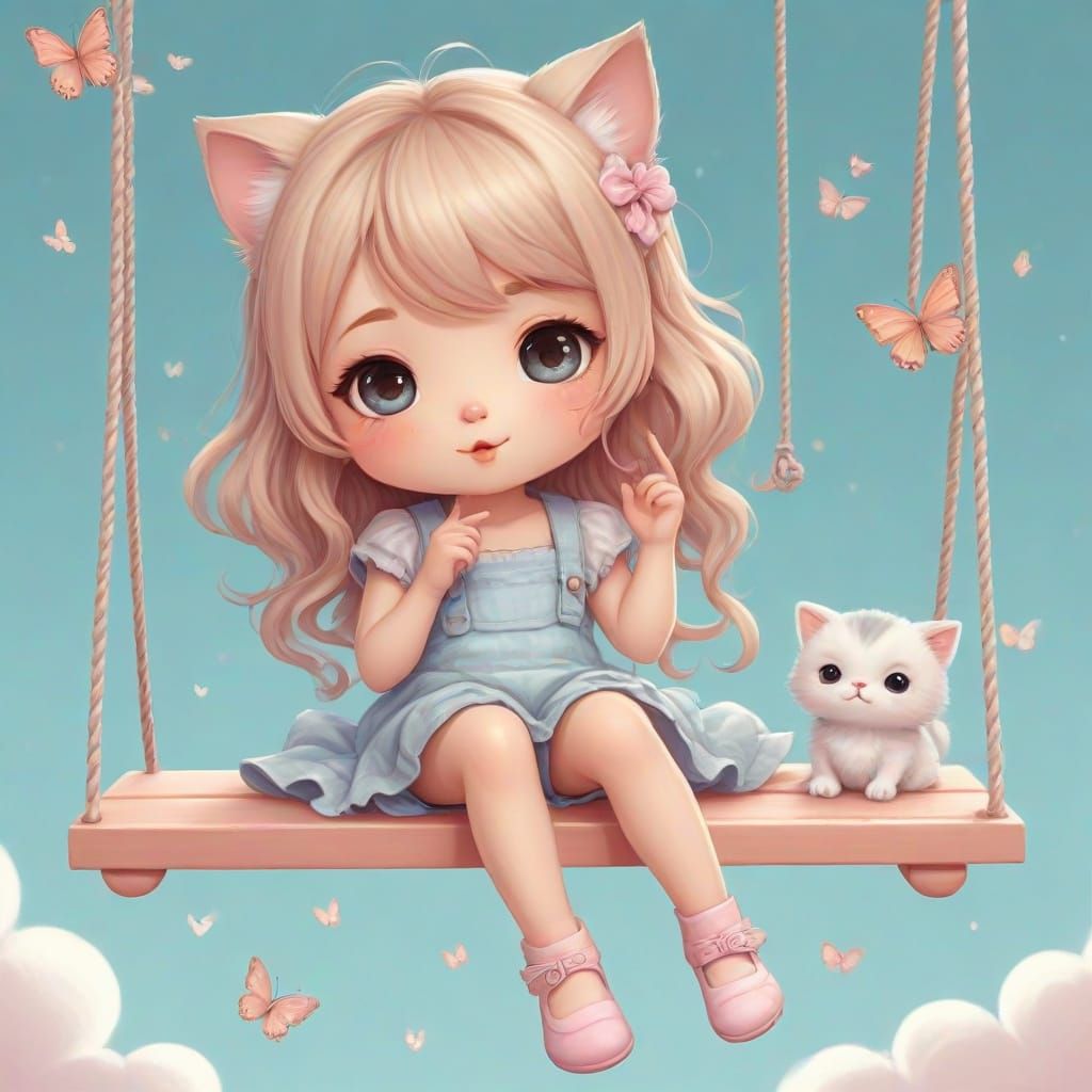 Adorable Chibi Girl Blowing Kiss on Swing
