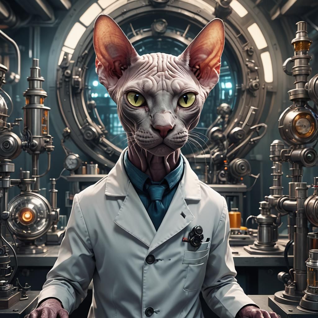 Anthropomorphic Sphynx Cat Mad Scientist in Lab