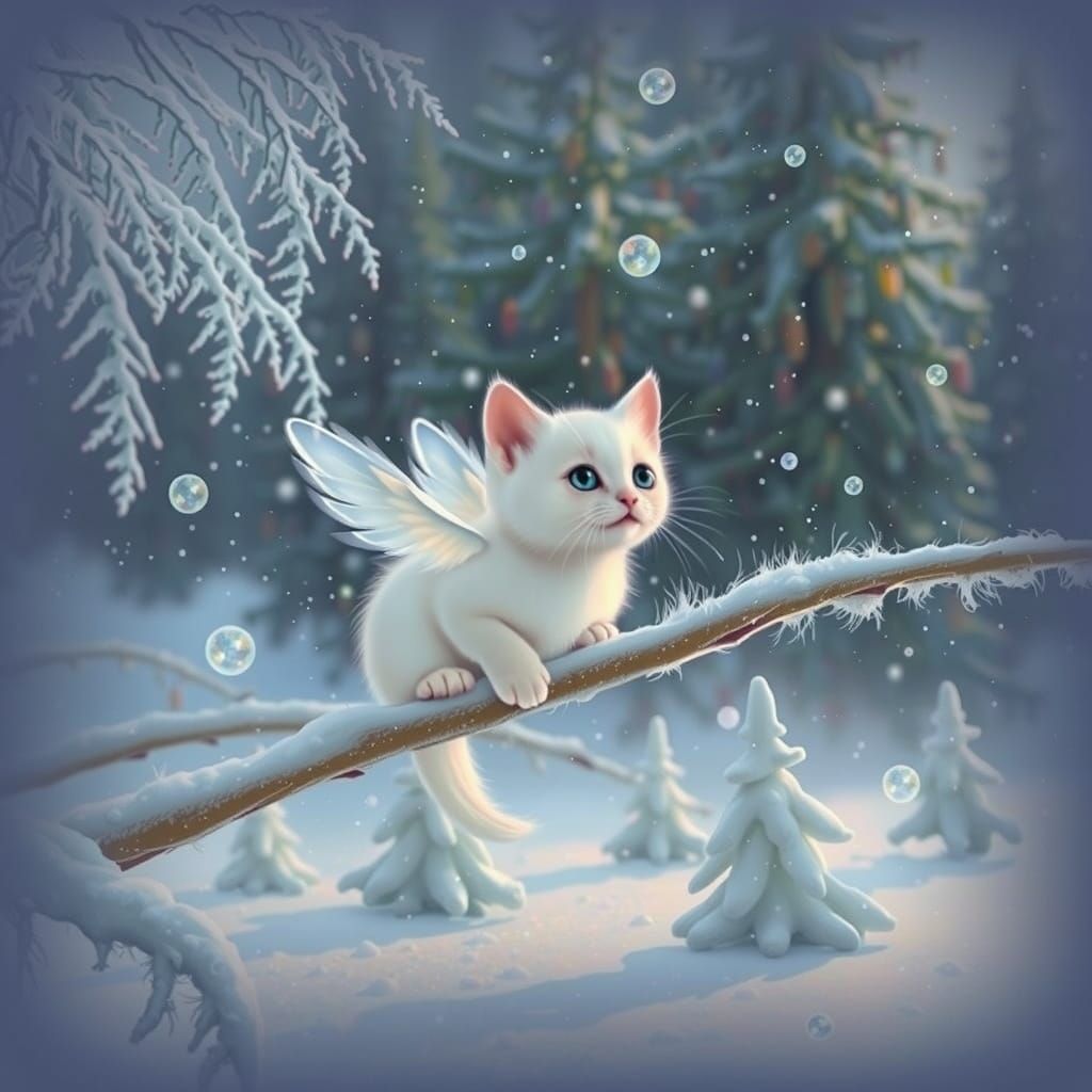 A tiny, smiling,  serene albino white kitten with large feat...