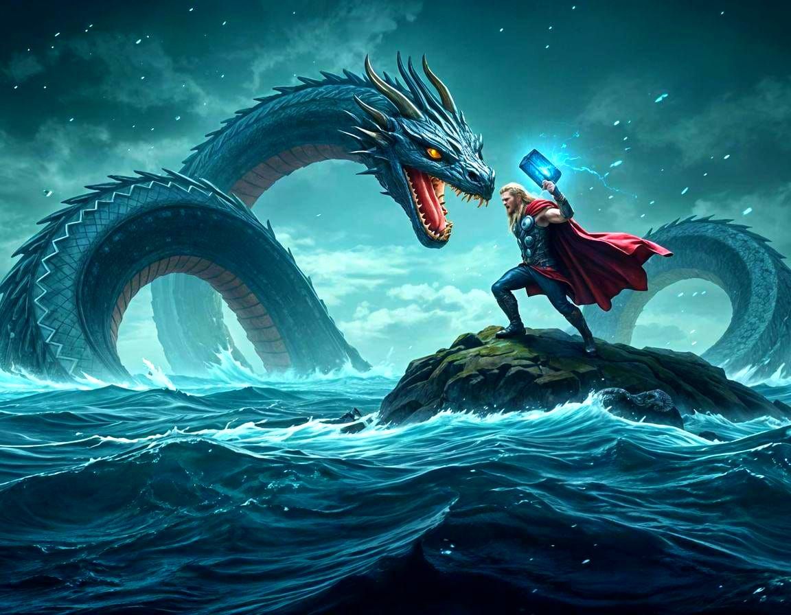 Thor Battles Jörmungandr: A Nordic Mythology Masterpiece