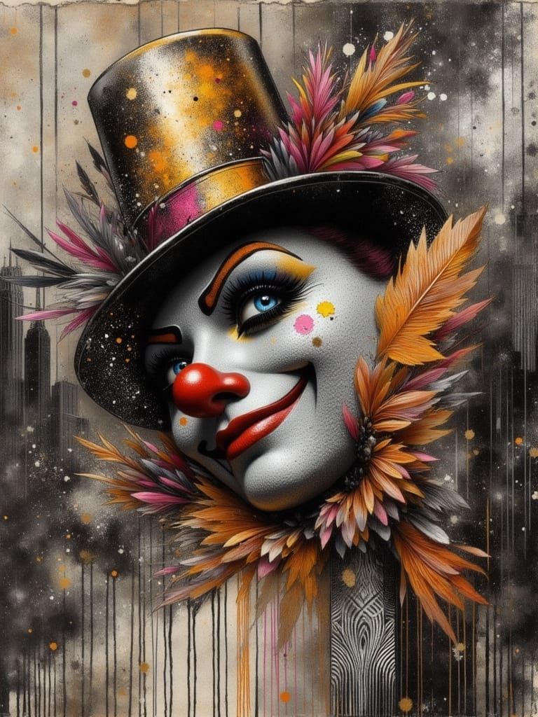 A friendly smiling clowns face, wearing a cylinder hat with feathers