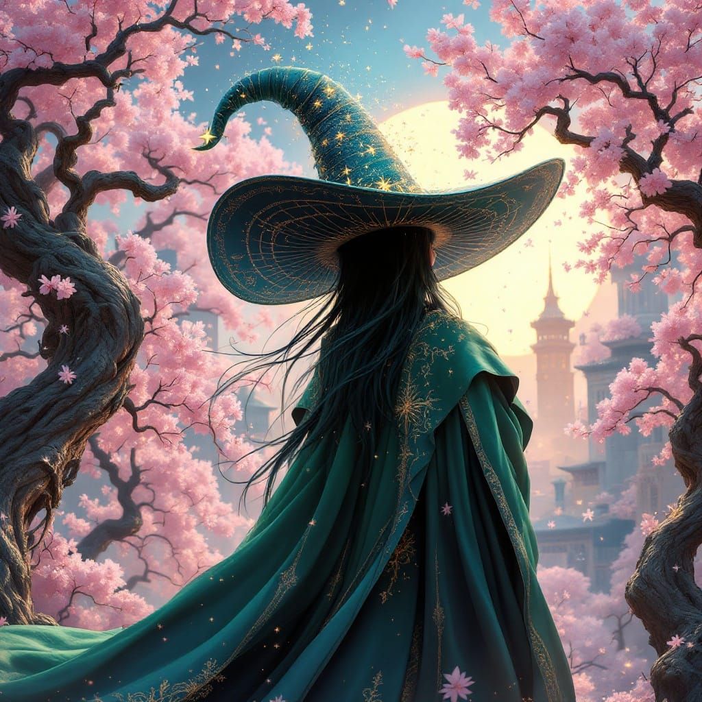 Strega in Surreal City with Cherry Blossoms