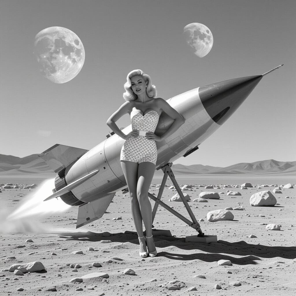 1950s Pin-Up Poses With Retro Rocket on Mars